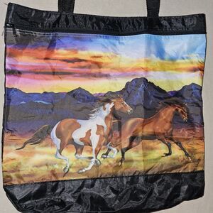 Western Horse Scene Tote Bag Travel Purse 2 Section Nylon Bright Colors Vacation